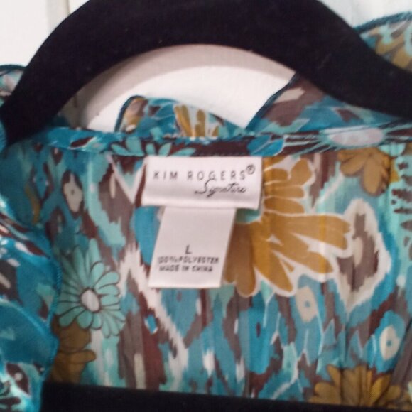 Kim Rogers Blouse Women L 3/4 Sleeve Simi Sheer Ruffle Open Tie Front Teal Brown - Picture 10 of 16
